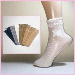 12 PAIRS NEW WOMENS SHEER RUFFLED SOCKS W/BOW PRINT & POLKA DOTS